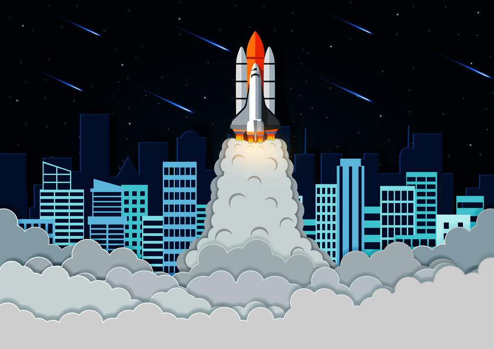 space shuttle the launch to the sky Full of stars at night With the city in the back, start up business finance concept , vector art and illustration paper