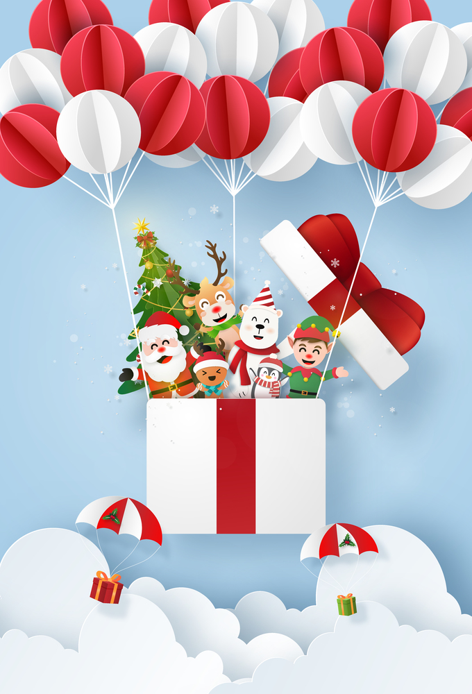 Origami Paper art of Santa Claus and cute character in a gift box with balloon on the sky, Merry Christmas and Happy New Year