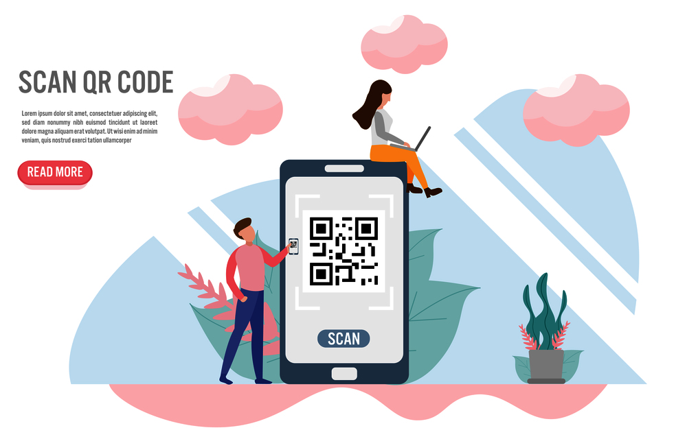 Scan QR code. Payment concepts with character.Creative flat design for web banner