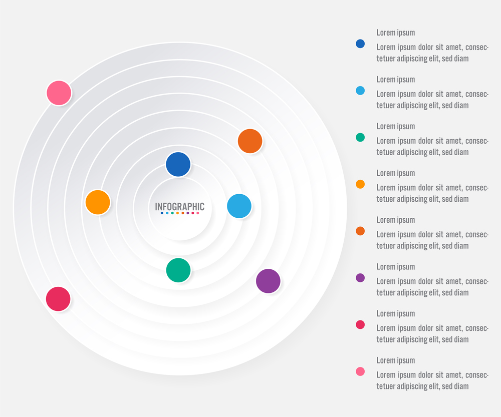 Business infographic template with 8 options circular shape