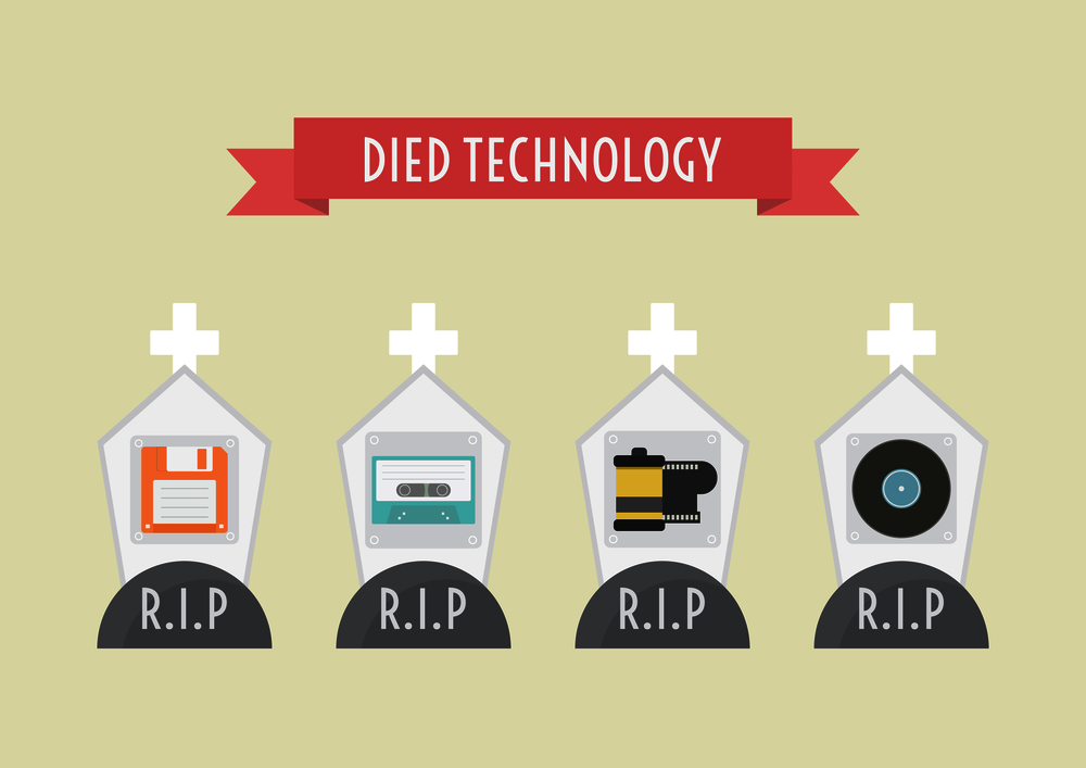 died technology, floppy disk, cassett tape, film, record