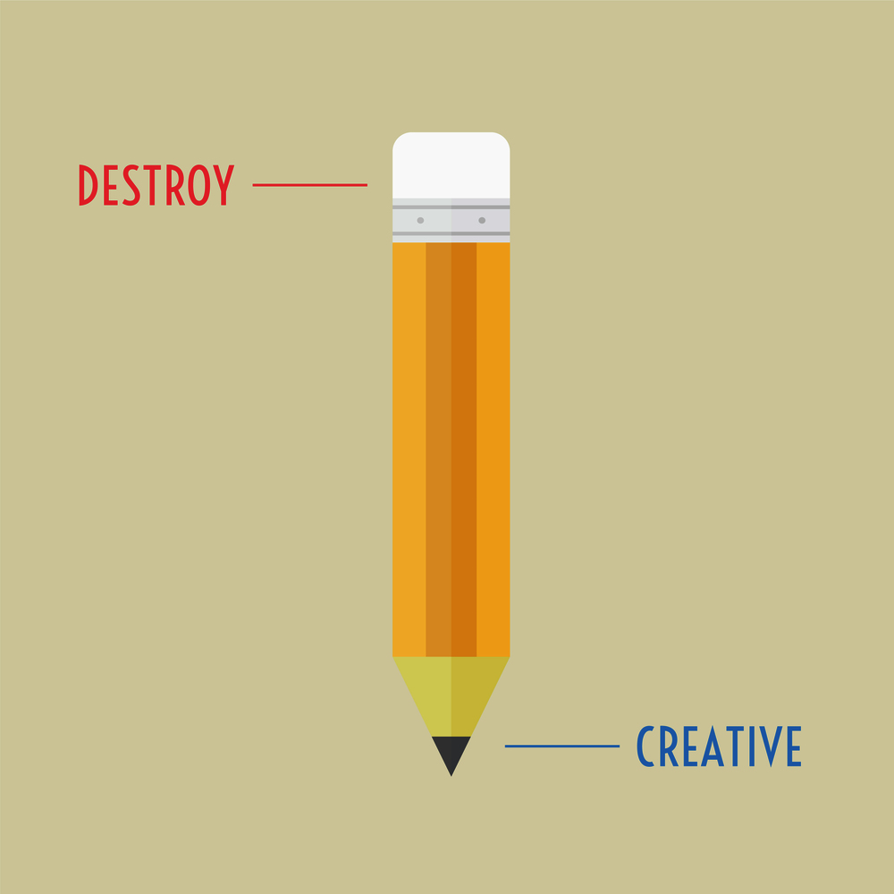 destroy and creative in one pencil, thinking concept, flat style