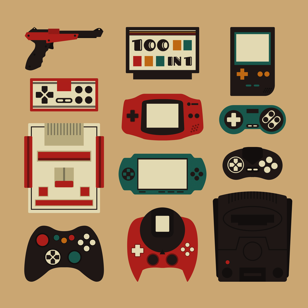 set of retro game player and accessories