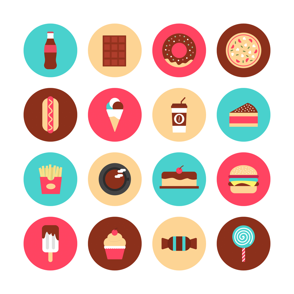 set of fast food and sweet flat icon, high calories, isolated on white background