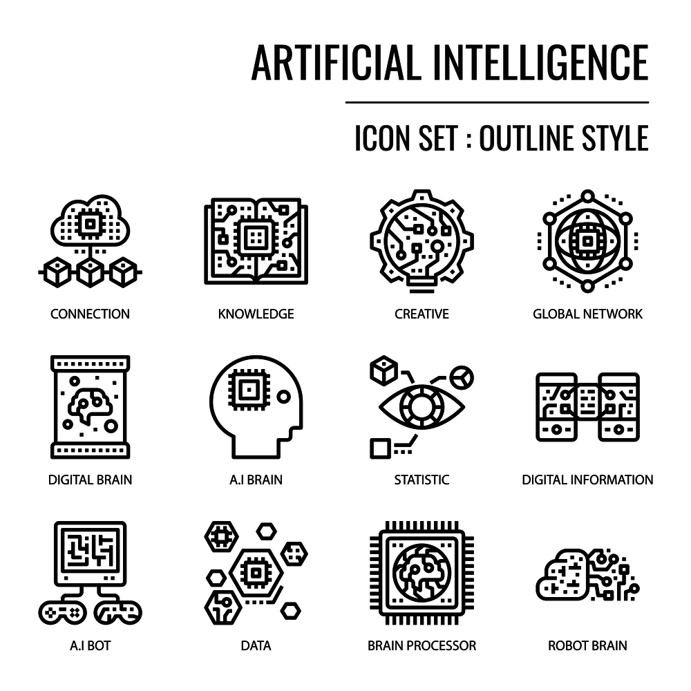 Artificial Intelligence, pixel perfect outline icon, isolated on white background