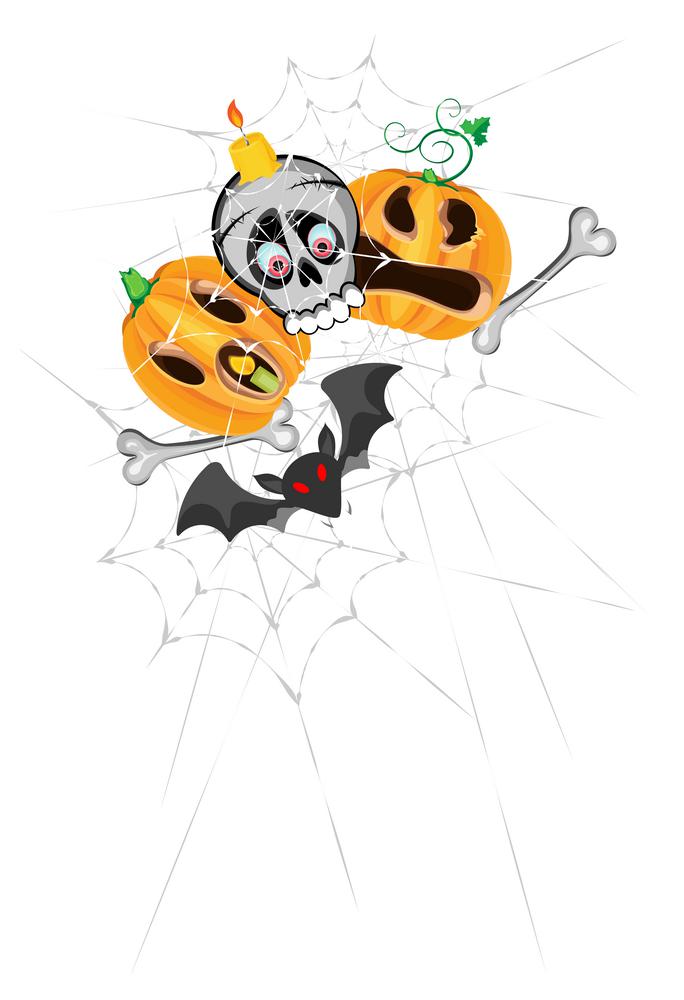 Vector composition of a skull surrounded by two Pumpkin Jacks and a bat with a cobweb. Transparent background