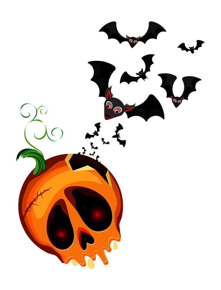 Vector composition of a pumpkin skull and bats pouring out of it for the holiday of Halloween. Transparent background