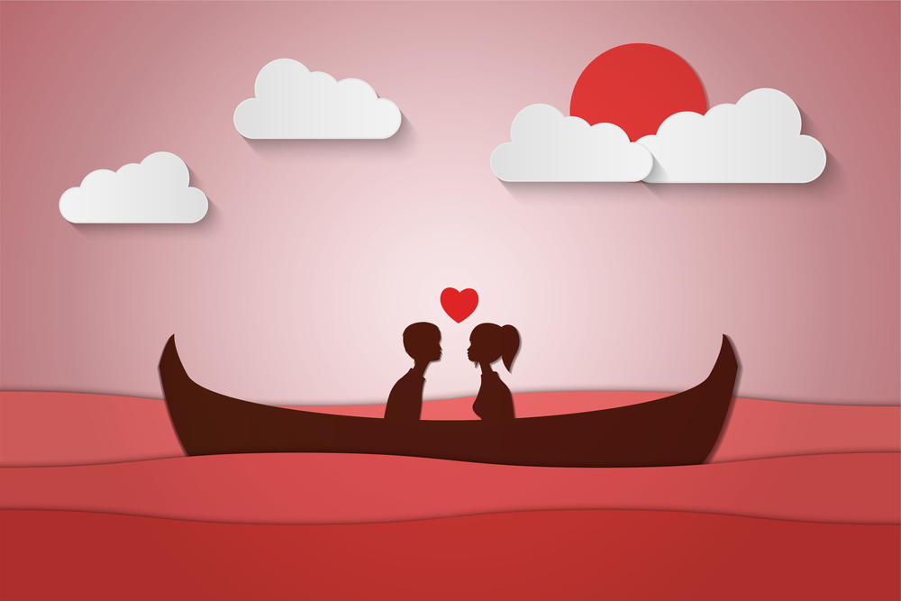 Lovers sit on a boat in the middle of the sea and have a sunset , paper art couple honeymoon , valentine day date , vector illustration