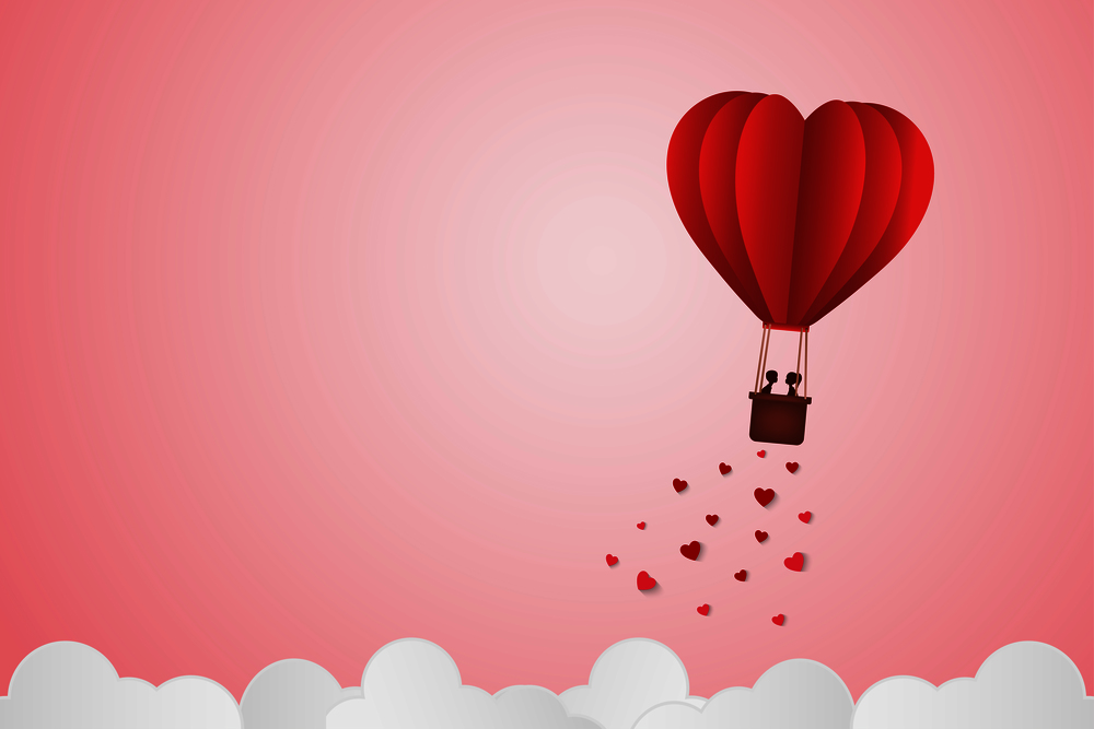 Paper Style love of valentine day , balloon flying over cloud with heart float on the sky, couple honeymoon , vector illustration background