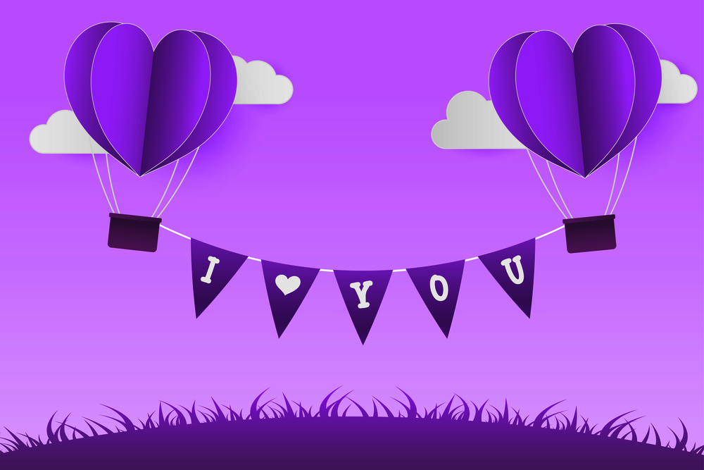 Paper Style love of valentine day violet pantone , balloon flying over cloud with heart float on the sky, couple honeymoon or gay lover , vector illustration background
