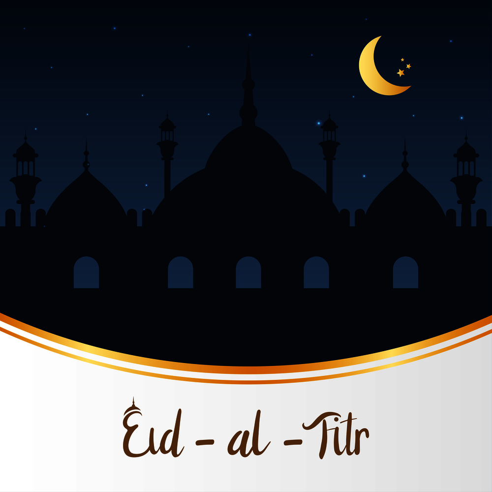 Eid Mubarak islamic on the beautiful night with moon , eid al fitr happy holiday design greeting card banner background , vector illustration