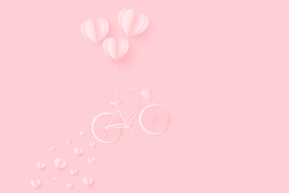 Valentine day , balloon heart hang bicycle float on the sky with sprinkle heart romance pink tone . paper art style. vector illustration