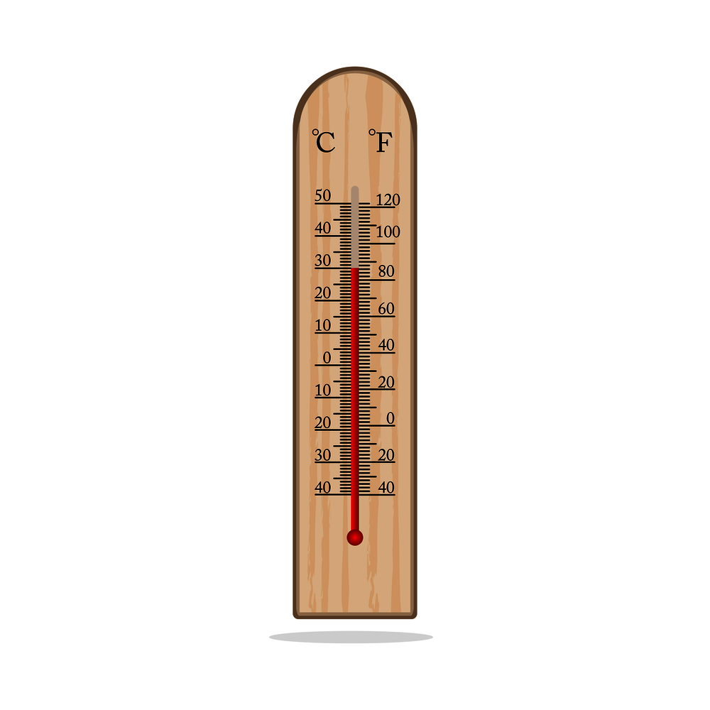 Vector Wood Thermometer temperature isolated on white background , 30 Celsius hot summer