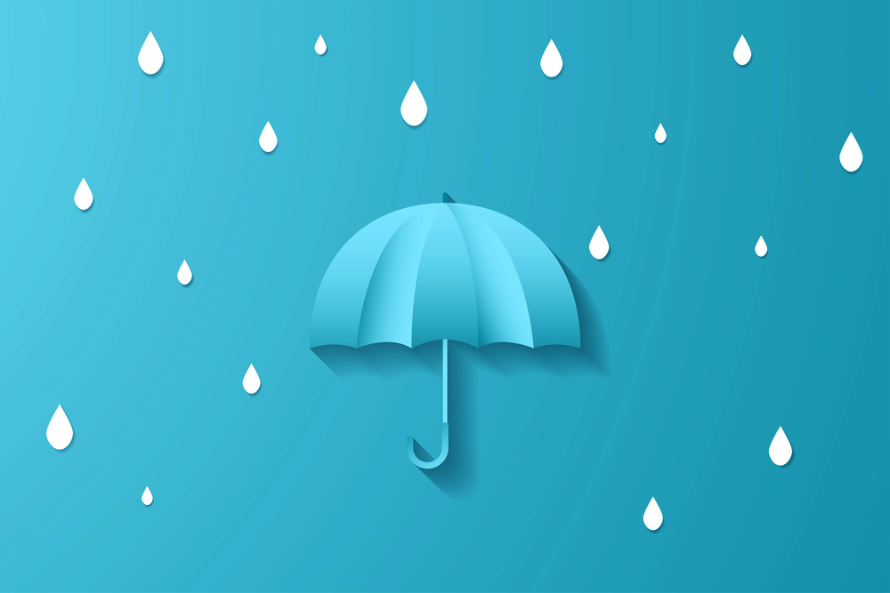 Digital craft paper art umbrella with rain drop minimal style , abstract blue background , rainy season , vector illustration