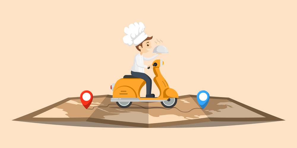 Illustration Food Delivery Chef Ride Motorcycle Service Cute character with map , Order many branches Worldwide Shipping , Fast and Free Transport , food express , vector cartoon shopping online