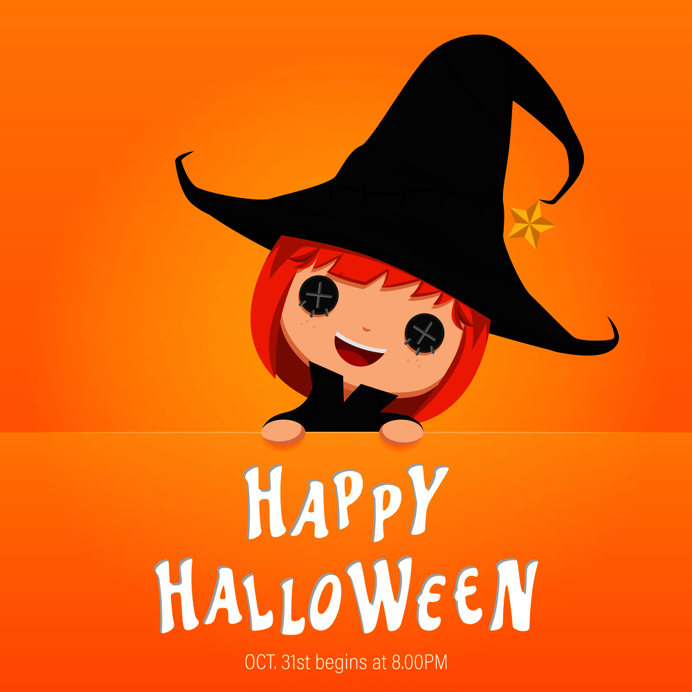 Illustration Happy Halloween Day. Holiday concept with characters  cute little girl wearing a witch costume on orange background , vector