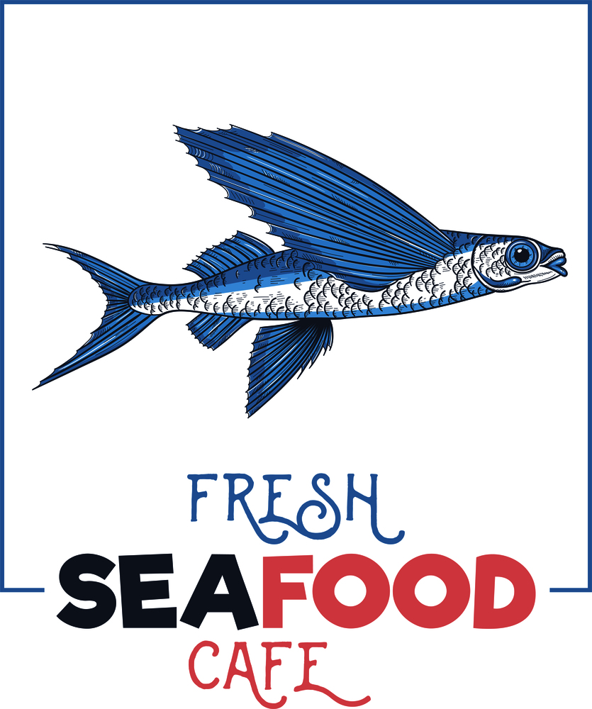 Fresh seafood cafe logo. Marine fishing isolated symbol. Exocoetidae or Flying fish hand drawing vintage engraving vector illustration.. Exocoetidae or Flying fish hand drawing