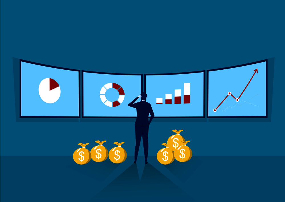 businessmen is standing in back of a whiteboard with financial charts. Businessmen present and discuss financial charts. Vector flat illustration. For business, infographic, information.