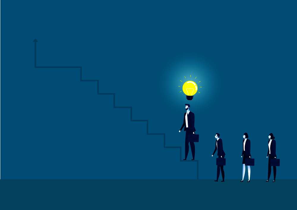 Business concept illustration of a businessman have idea to stepping on stairs