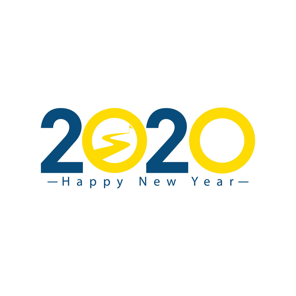 Happy New Year 2020 logo text design with icons.