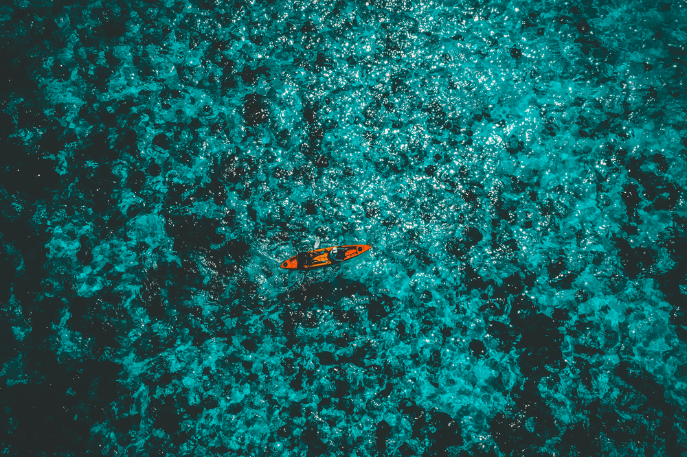 Aerial View of tourists paddle kayak in Boulder Island or Nga Khin Nyo Gyee Island, Myanmar