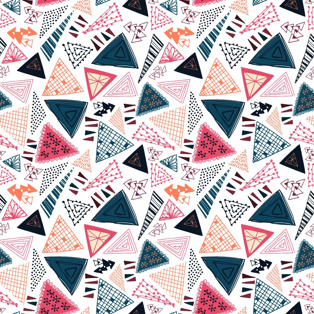 seamless vector repeat pattern of hand-drawn, abstract, doodled triangles
