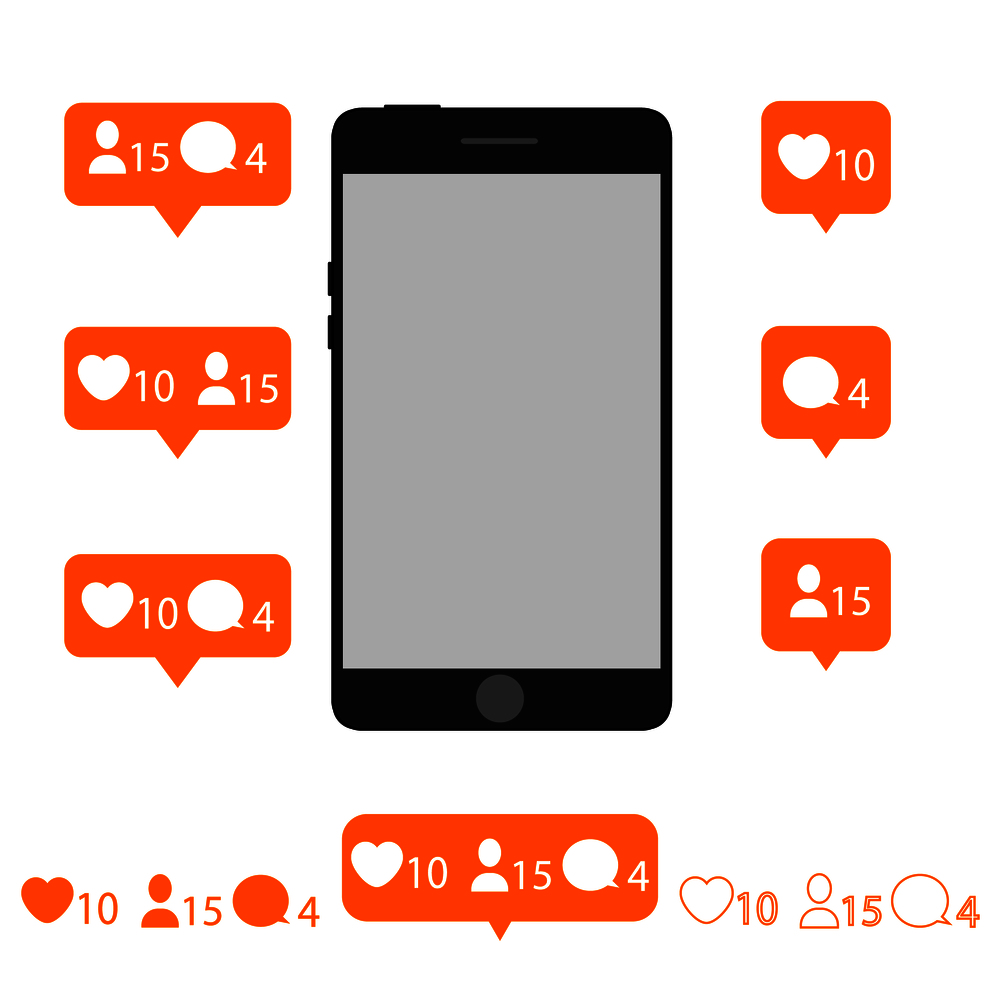 Social media smartphone. Like, follow, comment icons set