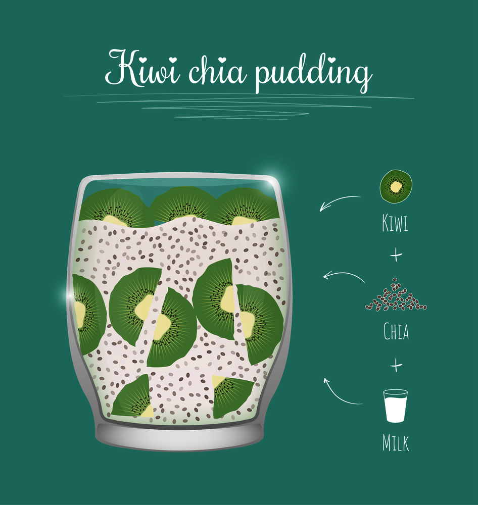 Kiwi chia pudding in glass cup. Healthy nutrition recipe. Vegetarian diet food vector illustration in flat style... Kiwi chia pudding in glass cup. Vegetarian diet food vector illustration in flat style..