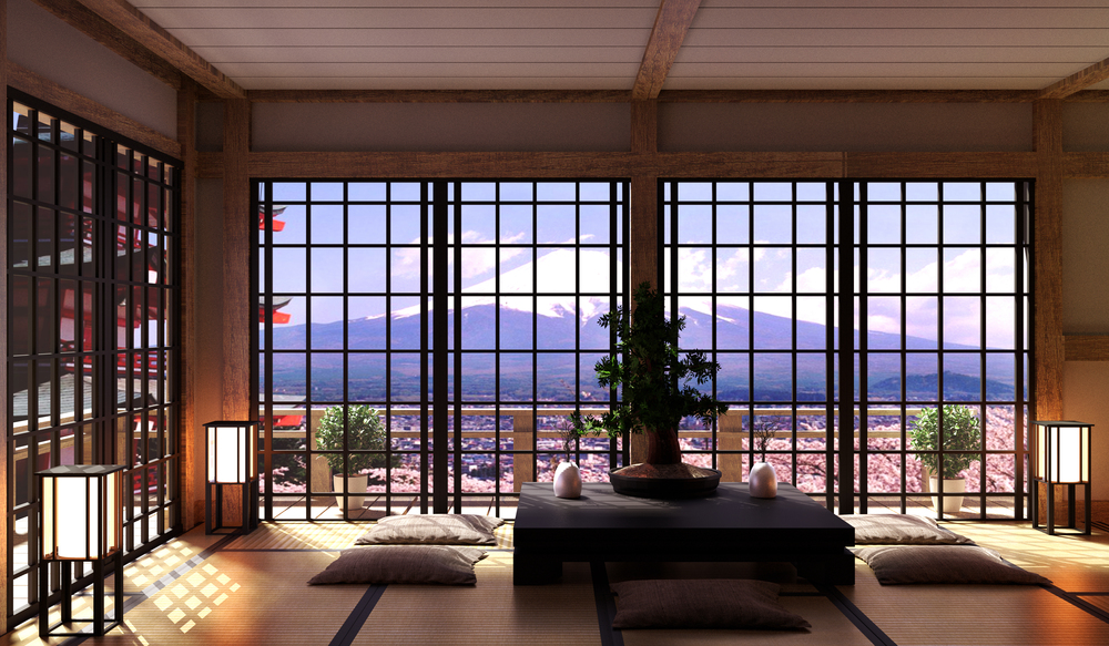 Japanese living room interior in living room minimal design, bonsai, low table on floor tatami mat, view fuji mountain. 3D rendering