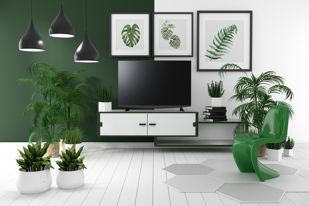 Tv on cabinet in tropical empty room have lamp,flower,book and green and white wall on floor wooden, 3d rendering