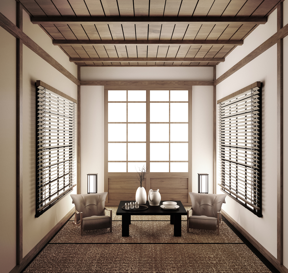 interior Japanese empty room tatami mat Designing the most beautiful. 3D rendering