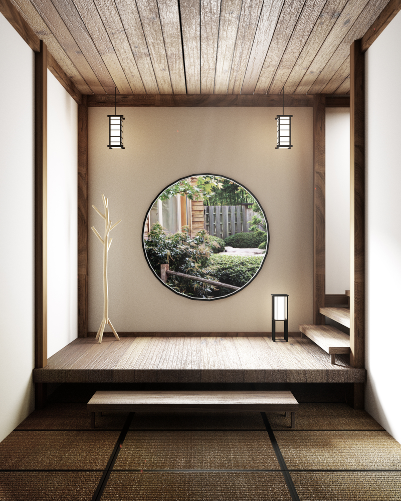 Room minimal design with Tatami mat floor and Japanese, empty room interior, 3D rendering