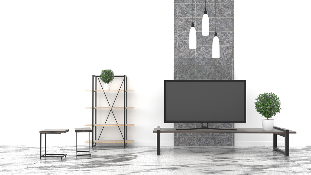 TV, modern empty room interior empty white wall on floor granite. 3D rendering