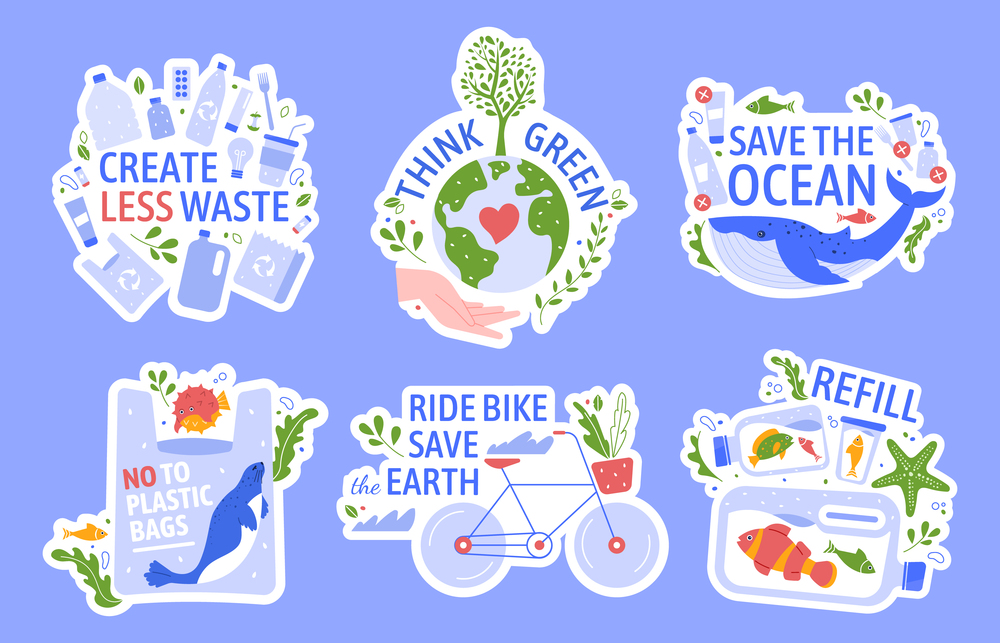 Ecology protecting. Save the environment, zero waste, save the ocean and recycle concept vector illustration icons set. Anti plastic. Eco friendly lifestyle. Ecological stickers with slogans. Ecology protecting. Save the environment, zero waste, save the ocean and recycle concept vector illustration icons set. Green peace, anti plastic. Eco action, reusing. Ecological stickers with slogans