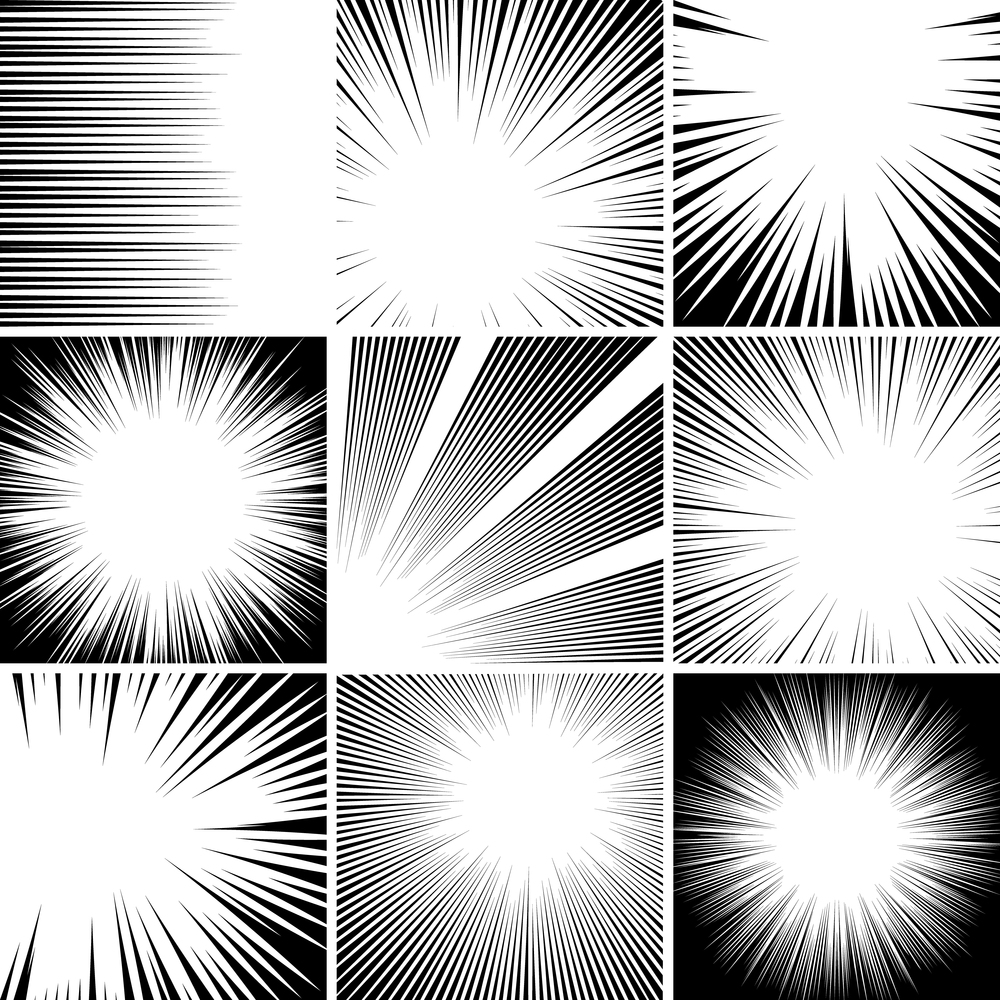 Comic retro background. Speed action lines template, comic book stripe effects and motion wave explosions elements vector background set. Vintage radial speed backdrops. Action frames. Comic retro background. Speed action lines template, comic book stripe effects and motion wave explosions elements vector background set. Collection of black and white manga backdrops