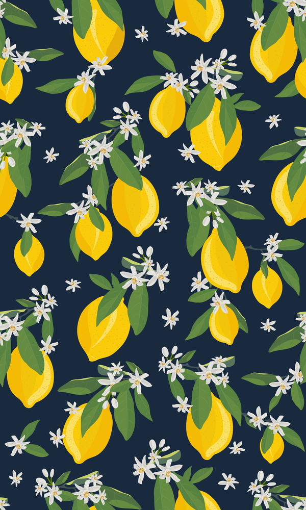 Lemon fruits seamless pattern with flowers and leaves on black background. citrus fruits vector illustration.
