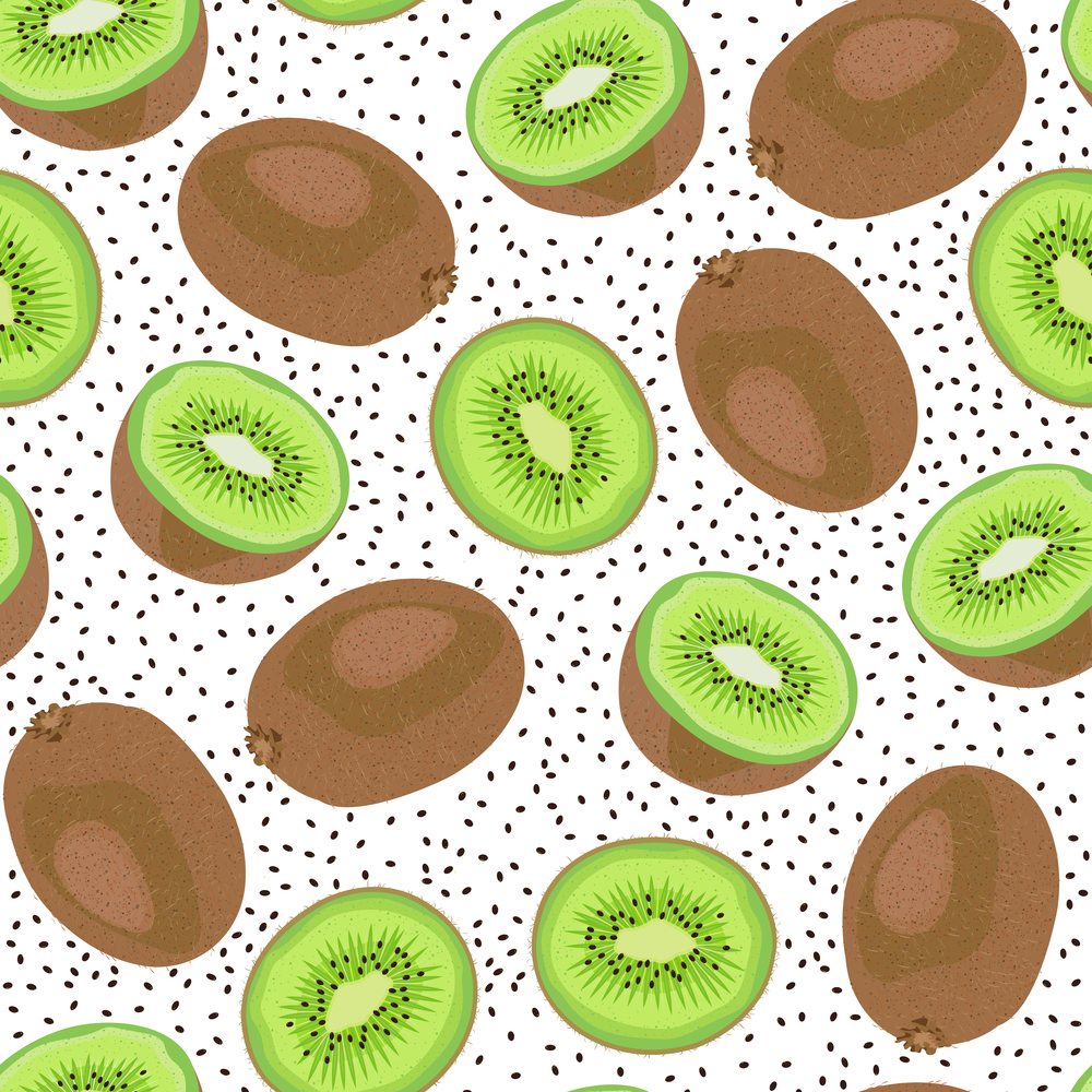Kiwi fruit seamless pattern whole and piece with seed on white background, Vector illustration