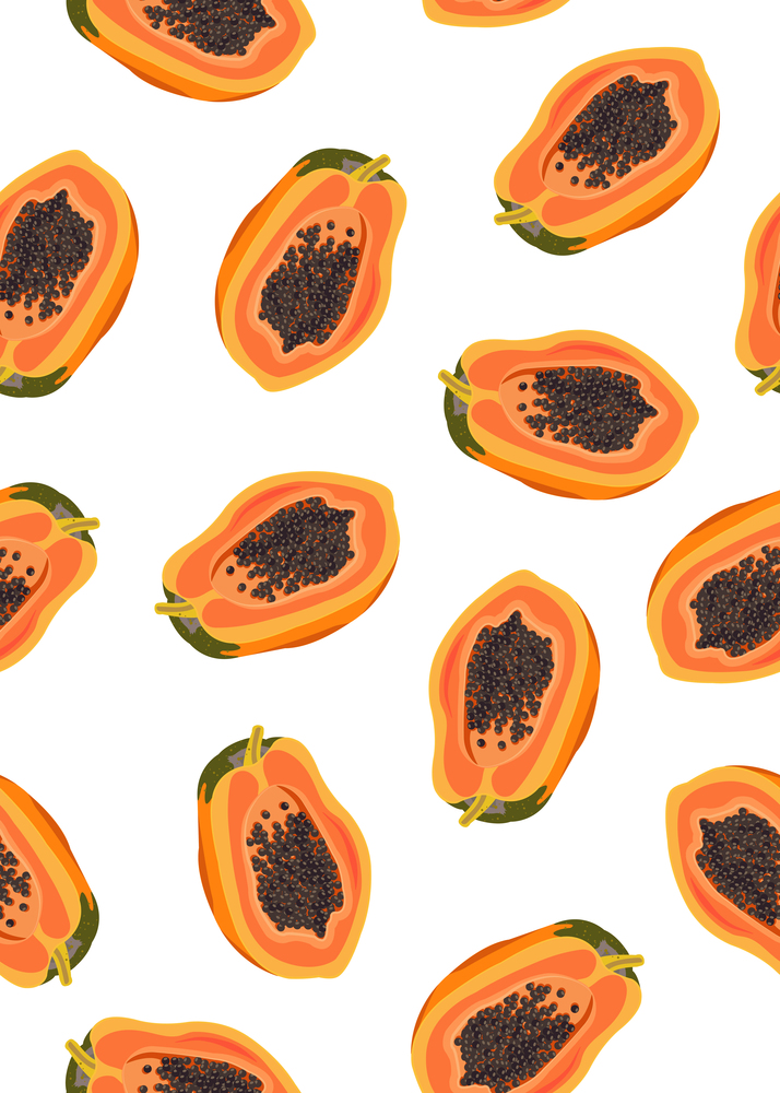 Papaya fruits seamless pattern on white background, Fresh organic food, Tropical fruit vector illustration.