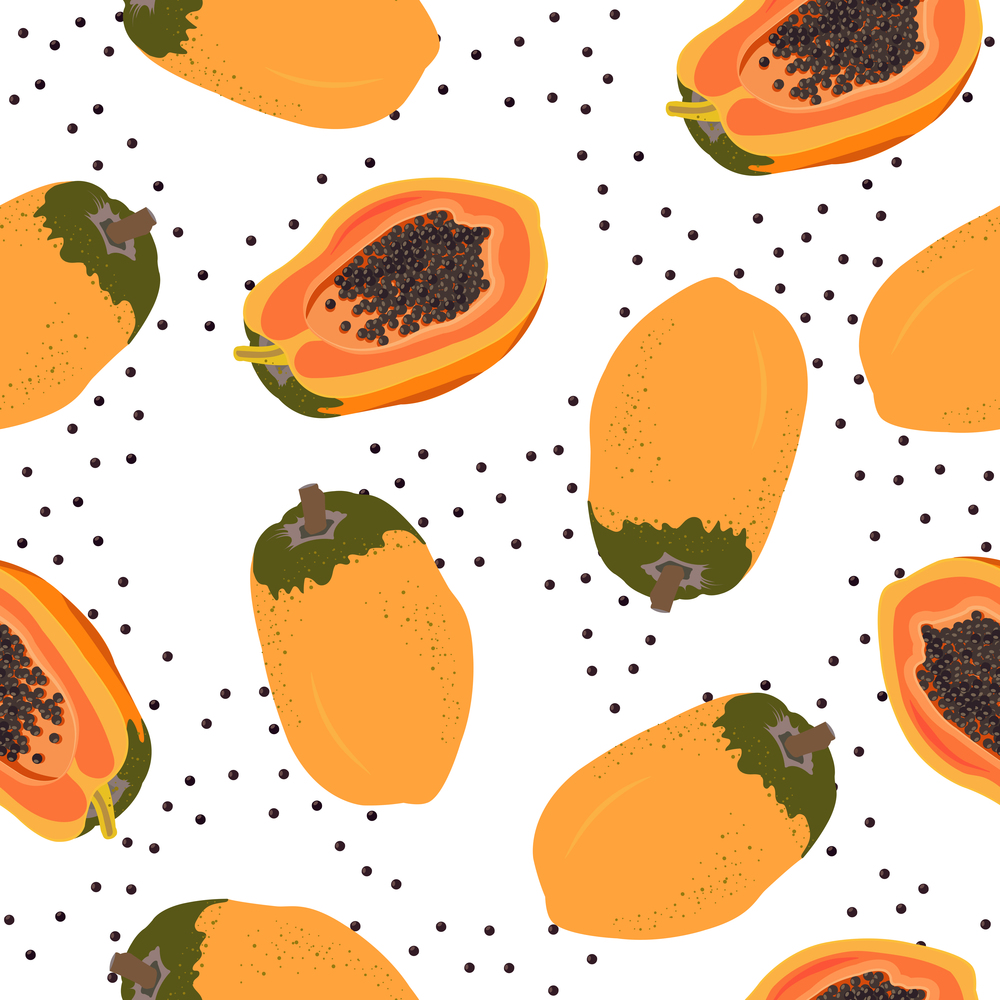 Papaya fruits seamless pattern on white background, Fresh organic food, Summer pattern background, Tropical fruit vector illustration.