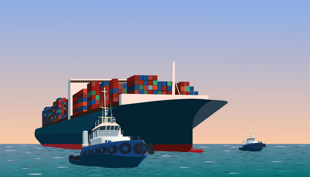 Cargoship and tugs