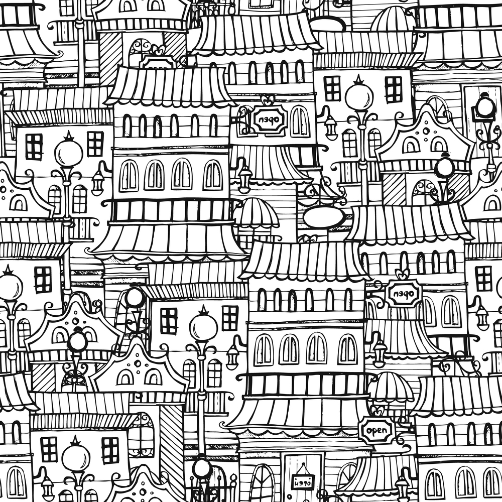 Cartoon fairy tale drawing vintage town. Sketchy seamless pattern. Cartoon fairy tale drawing vintage town
