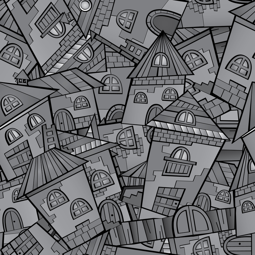 Cartoon vector fairy tale drawing town. seamless pattern. Cartoon vector fairy tale drawing town