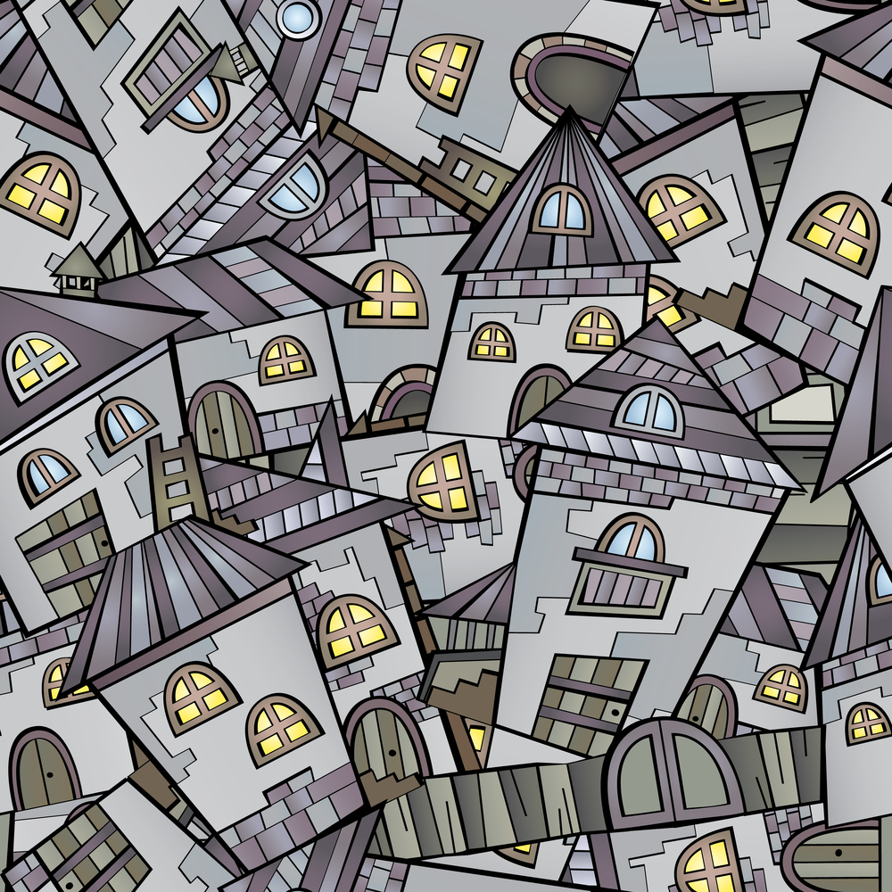 Cartoon vector fairy tale drawing town. seamless pattern. Cartoon houses seamless pattern
