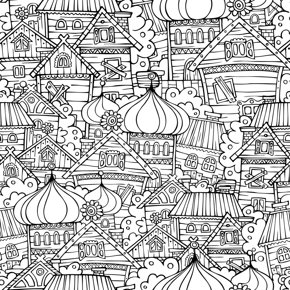 Cartoon fairy tale drawing russian village. Sketchy seamless pattern. Cartoon fairy tale drawing russian village seamless pattern