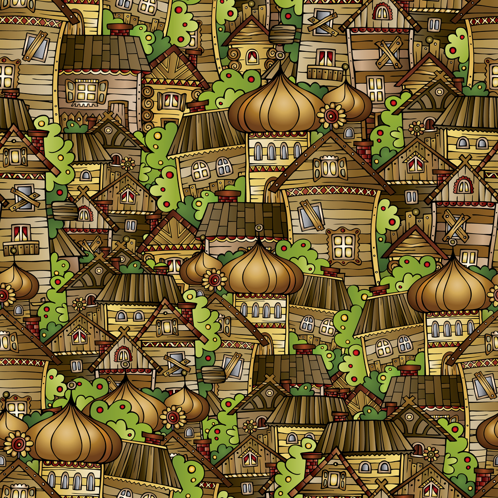 Cartoon fairy tale drawing village. seamless pattern. Cartoon fairy tale drawing village