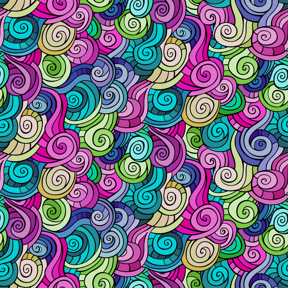 Vector seamless colored abstract pattern with waves and curls. Vector seamless colored abstract pattern