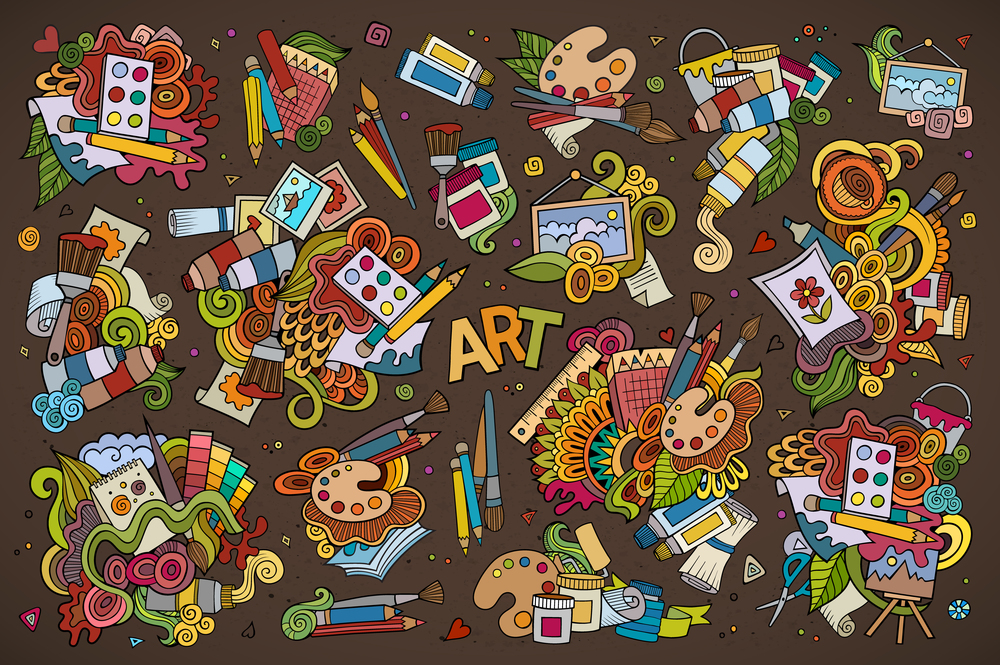 Art and paint materials doodles hand drawn colorful vector symbols and objects. Art and paint materials doodles hand drawn symbols