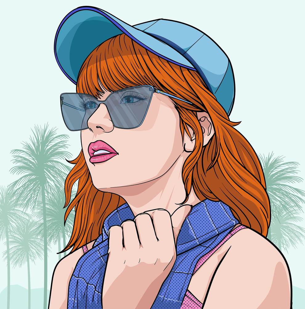 Beautiful girl teenagers wear sunglasses and hats for seaside fashion Illustration vector On pop art comic style Colorful beach background