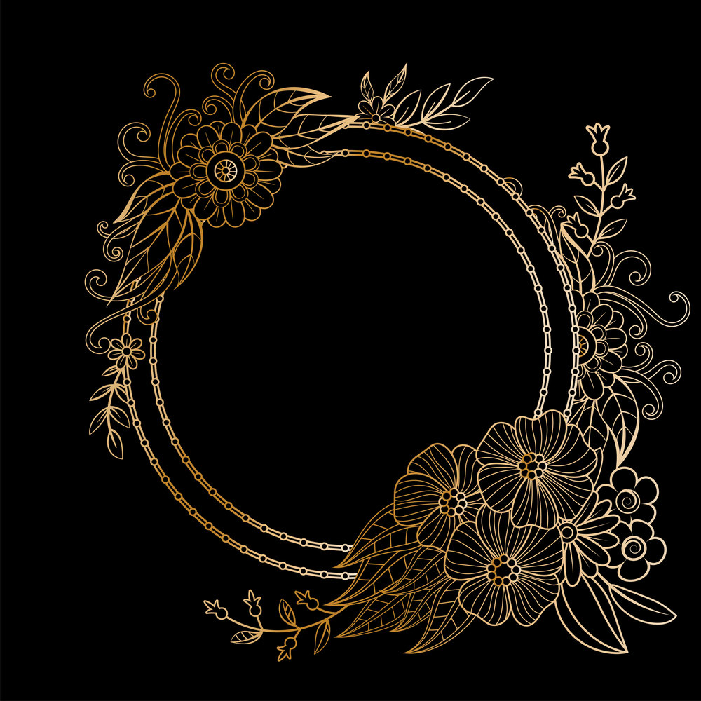 Golden floral frame template. Flowers and plants round frame. Design element with space for your text. Vector illustration.. Golden Floral Frame
