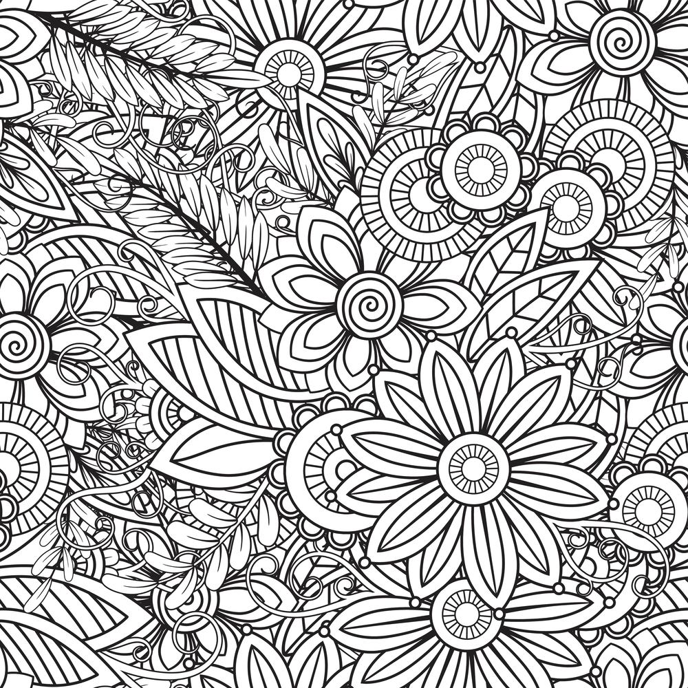 Hand drawn seamless pattern with leaves and flowers. Doodles floral ornament. Black and white decorative elements. Perfect for wallpaper, adult coloring books, web page background, surface textures.. Floral seamless pattern